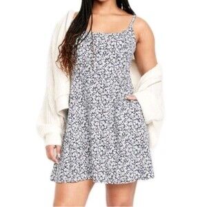 Old Navy Fit Flare Linen Blend Cami Navy White Floral Print Dress 2X Coastal Vac